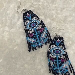 Hand Crafted Beaded Earrings in Blue, Black, and Purple